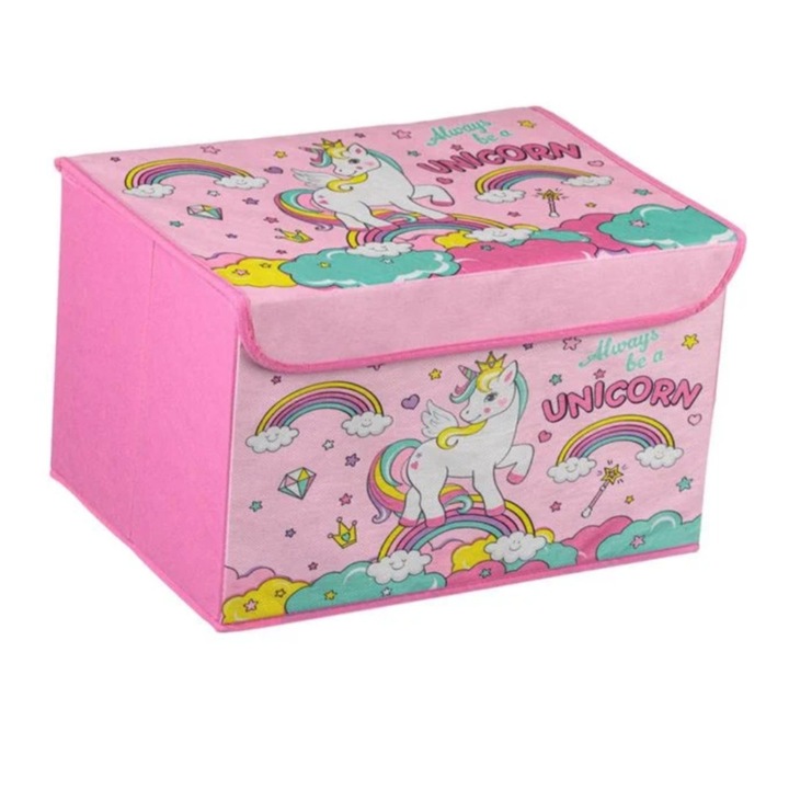 Cutie de depozitare, unicorn, pliabila, cu capac, textila, roz, 40x30x25cm