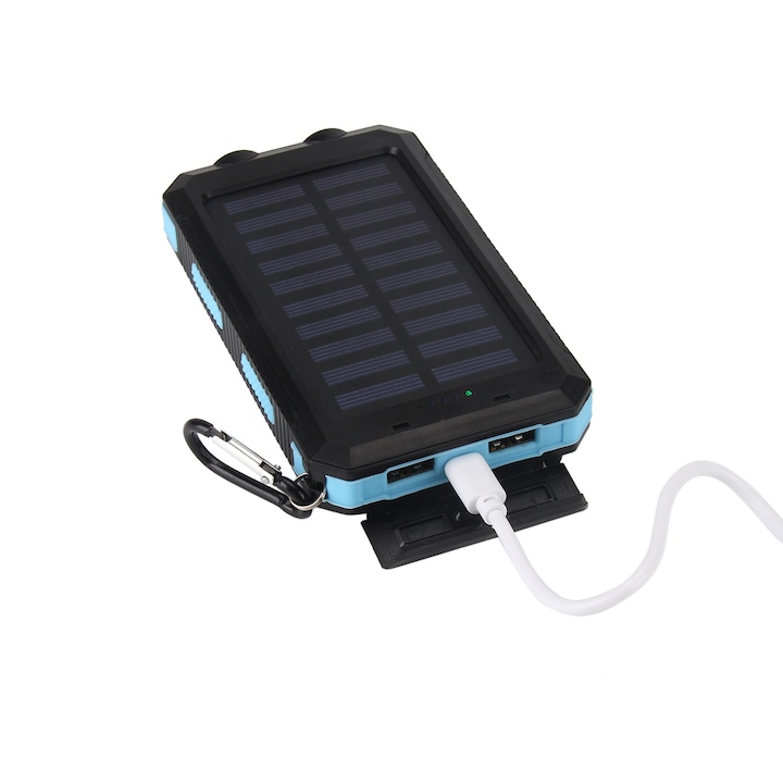 Соларна външна батерия, USB, LED, водоустойчива, синя/черна