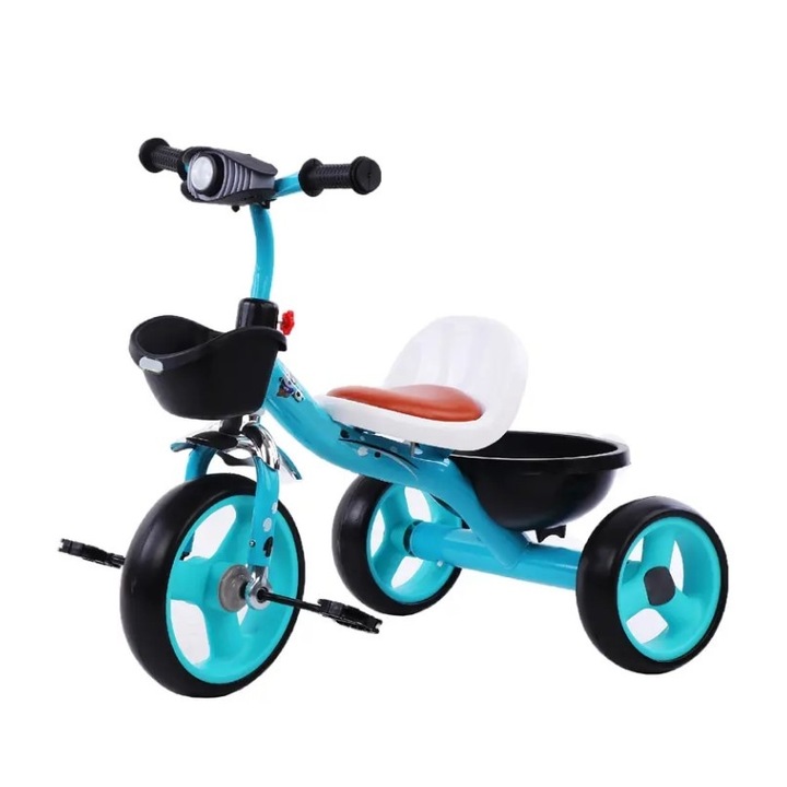 Триколка за деца над 2 години, Welora, C кош отпред и отзад, Cедло с облегалка, Cветлини и музика, Колела 10/8 инча, 76x56x33 см, Cиньо-черна