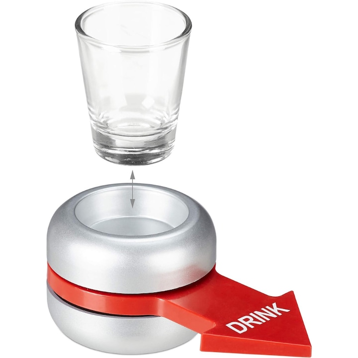 Joc de baut amuzant Spin the shot, cu pahar de shot din sticla, 18+, joc de baut pentru petreceri, distractie cu prietenii, accesorii party bar, idee fun pentru casa noua sau aniversare, gri