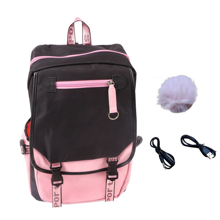 Rucsac de calatorie, cu port USB si orificiu pentru casti, capacitate mare, negru-roz, dimensiuni mari