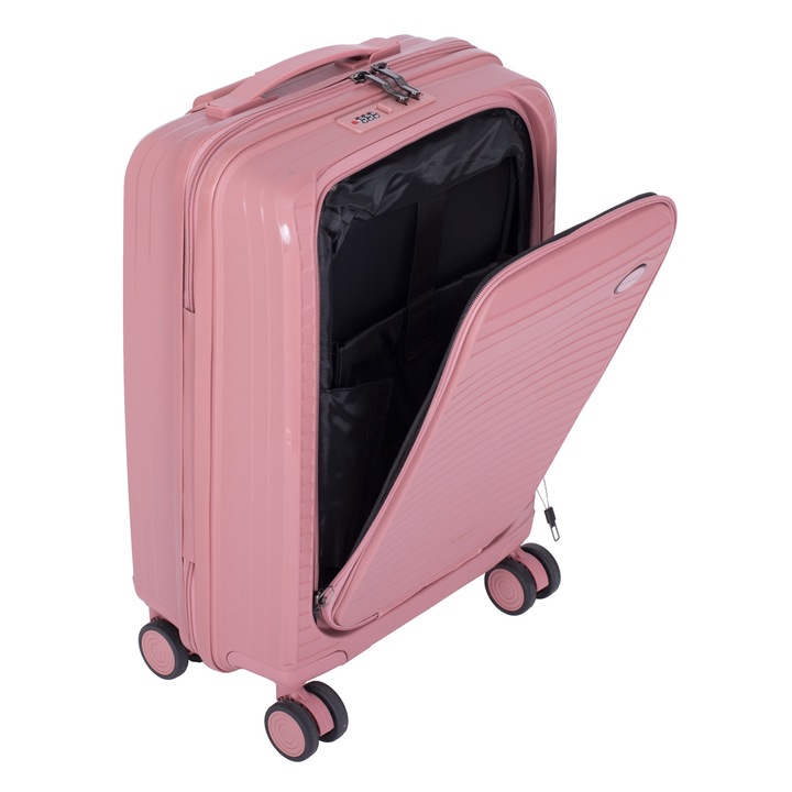 Troler cabina avion, cu buzunar frontal, Marime S, 55x36x20 cm, 4 roti cu rotatie 360° silentioase, material Polipropilena special flexibil anti-casabil, Roz pal, 166, CASLON ®