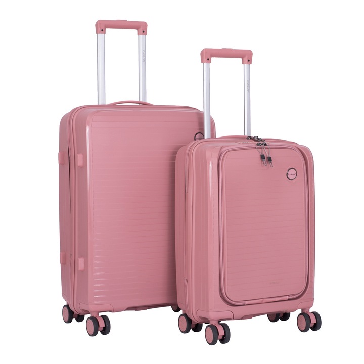 Set 2 Trolere Marime M, 65X43X24 cm si Marime S, 55x36x20 cm cu buzunar frontal, 4 roti duble cu rotatie 360°, material Polipropilena special flexibil anti-casabil, Roz pal, 166, CASLON ®