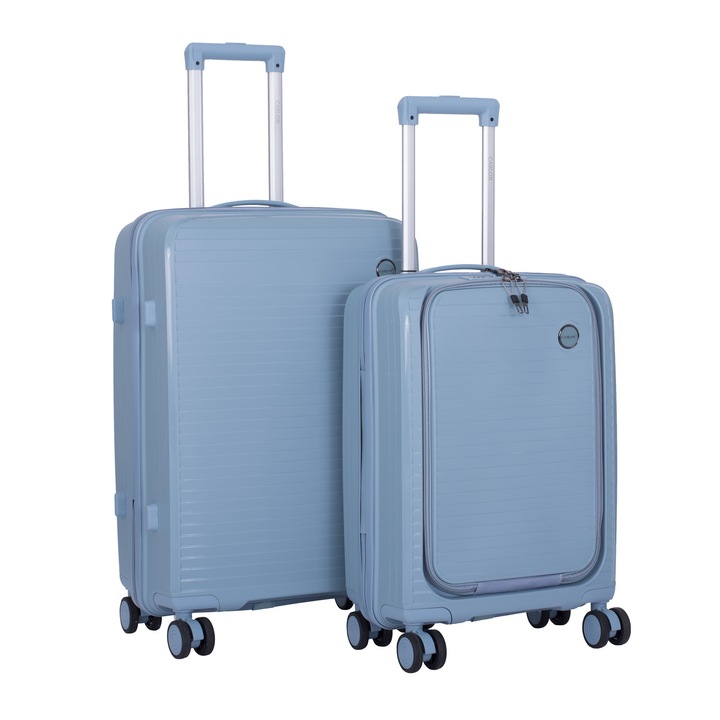 Set 2 Trolere Marime M, 65X43X24 cm si Marime S, 55x36x20 cm cu buzunar frontal, 4 roti duble cu rotatie 360°, material Polipropilena special flexibil anti-casabil, Albastru deschis, 166, CASLON ®