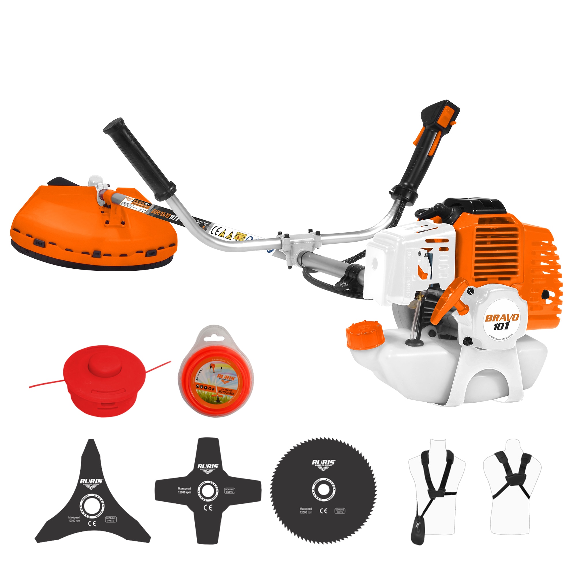 Motocoasa de tuns gazon/iarba pe benzina Ruris Bravo 101, putere 2 CP, 43 CC, 2 timpi, diametru taiere 25 cm, contine: autocut + disc 3 taisuri + disc 4 taisuri + disc 80 taisuri +