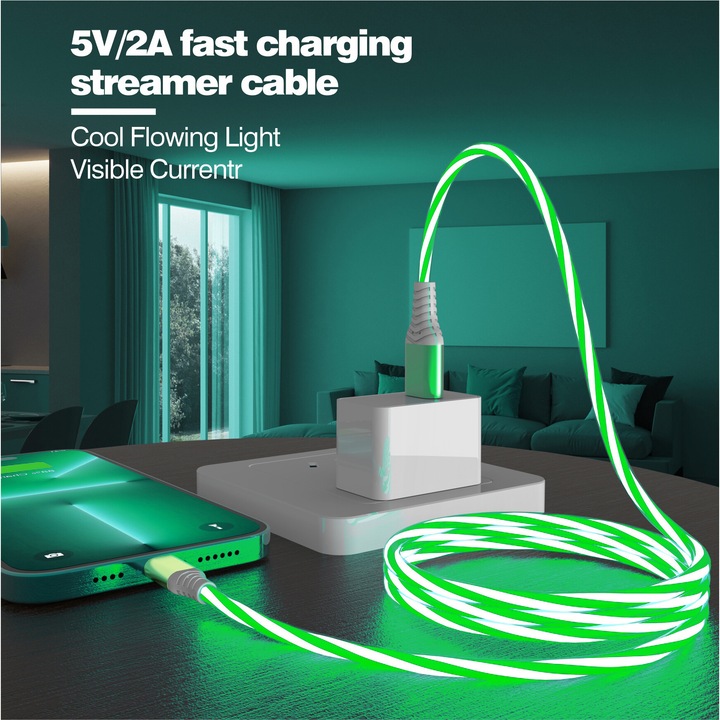 Cablu USB la Lightning 2A, AHA PRINT®, Transfer Date si Incarcare Rapida pentru Apple iPhone si iPad, 2 A, Compatibil CarPlay, Efect Luminos PREMIUM, 1m, Verde Neon