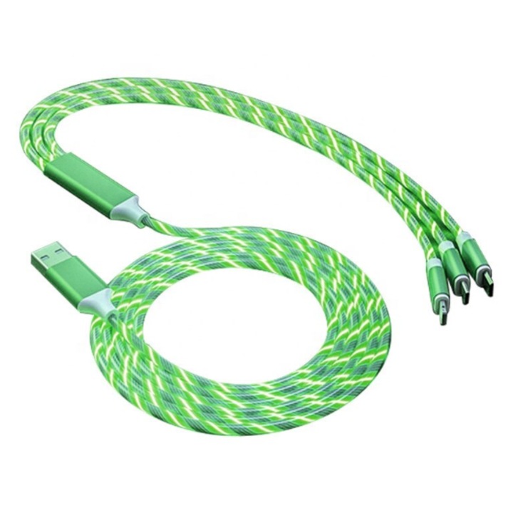 Cablu de date luminos pentru telefon 3 in 1 Stone®, USB Tip C, micro USB, compatibil iPhone, invelis protector din TPE, LED, Verde, 1m