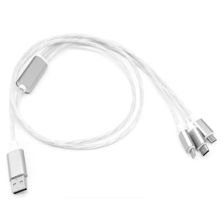 Cablu de date luminos pentru telefon 3 in 1 Alainn ®, USB Tip C, micro USB, compatibil iPhone, invelis protector din TPE, LED, Multicolor, 1m