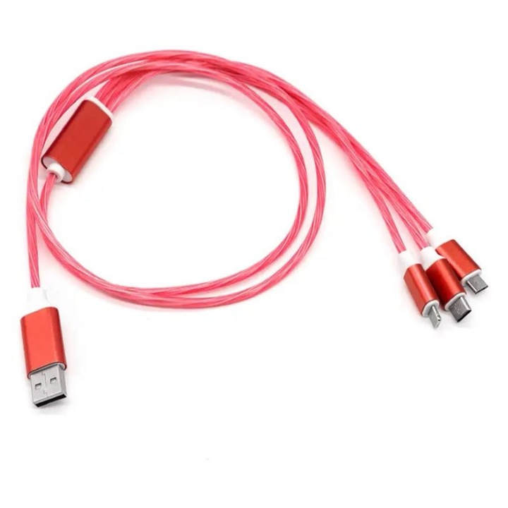 Cablu de date luminos pentru telefon 3 in 1 Alainn ®, USB Tip C, micro USB, compatibil iPhone, invelis protector din TPE, LED, rose, 1m