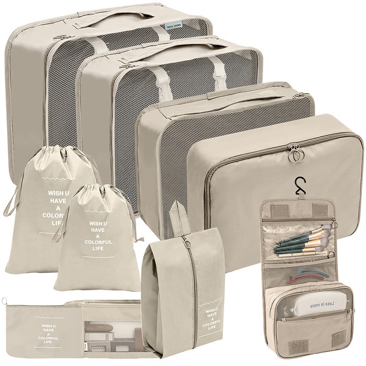 Комплект от 10 чанти-органайзери за куфари, Материал: устойчив на разкъсване найлон, бежов цвят, с мрежести панели - За организиране на дрехи, обувки и тоалетни принадлежности