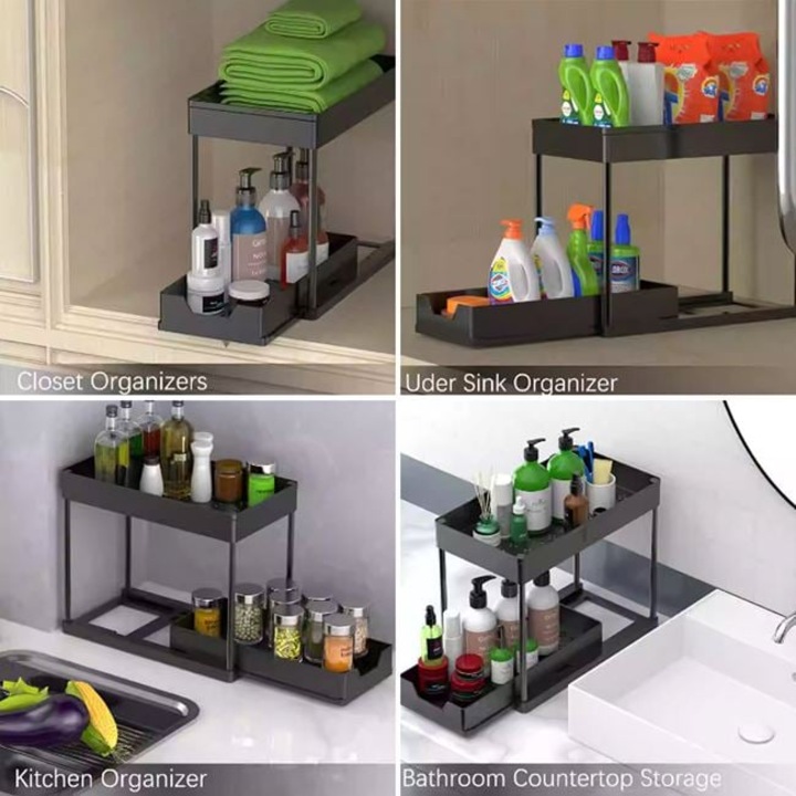 Кухненска етажерка на 2 нива с 1 плъзгащ се рафт, 39x21x37.5 см