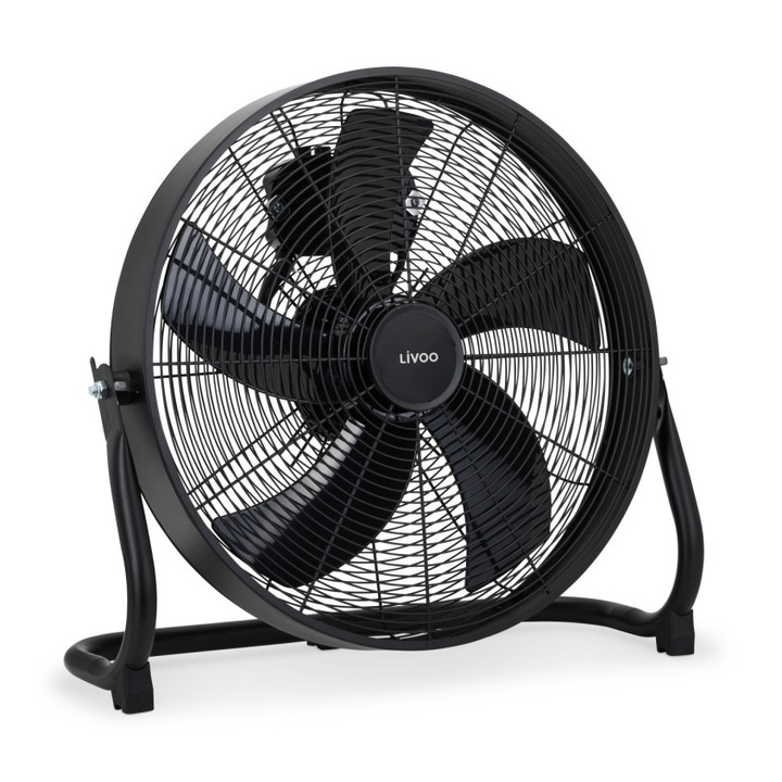 Ventilator de podea Livoo DOM508, 55W, diametru 45 cm, 3 viteze, debit de aer 3654 m3/h, unghi de inclinare de pana la 120 grade, corp metalic, 5 palete, maner transport, negru