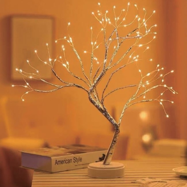 Veioza decorativa cu 108 LED-uri, in forma de copac cu ramuri reglabile, 2 moduri de iluminare, pornire touch, 50 cm, argintiu