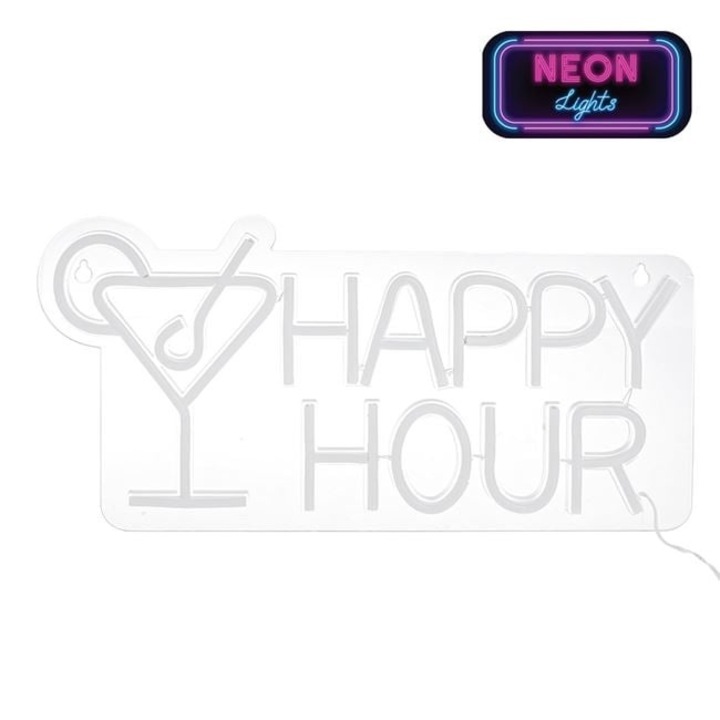 Lampa LED neon colorat, model cu scris "Happy Hour" Cocktail, cu cablu de 1.8M inclus, 43x21 cm, transparent