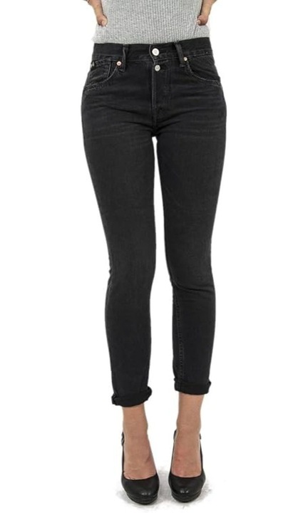 Pantaloni dama, Le Temps Des Cerises, model Mom Slim, talie inalta, negru, bumbac, 24 US