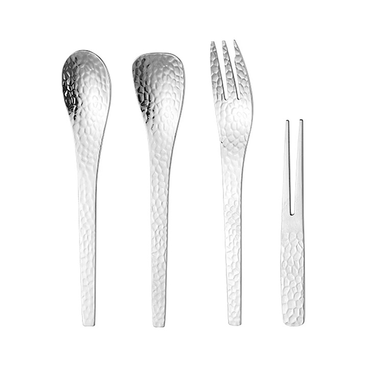 YANYXR BCS3067517 evőeszközkészlet, 4 részes, rozsdamentes acél, kalapált design, ezüst, tartalmazza a kanalat, kiskanalat, kávékeverőt és desszertvillát