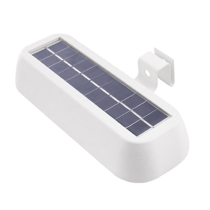 Reflector solar LED rectangular pentru fatada eMazing, 18 x 7 cm, detector de miscare, 6V, material plastic, 2200mAh, impermeabil, nuanta lumina alb rece, alb
