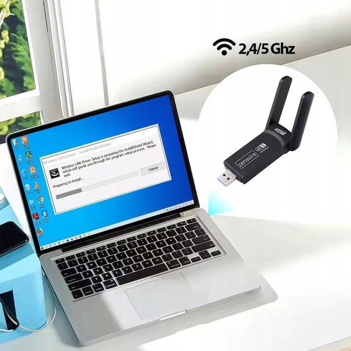USB 3.0 Wi-Fi adapter, Zenwire, WD-4605AC, 1300Mb, 2.4Ghz- 5 GHz, Vezeték nélküli jelerősítő adapter, Kettős 2dBi nagy nyereségű antennákkal, PC-hez, asztali laptophoz, Windows 10/8/7/Vista/XP, Linux, Mac OS támogatás, Fekete
