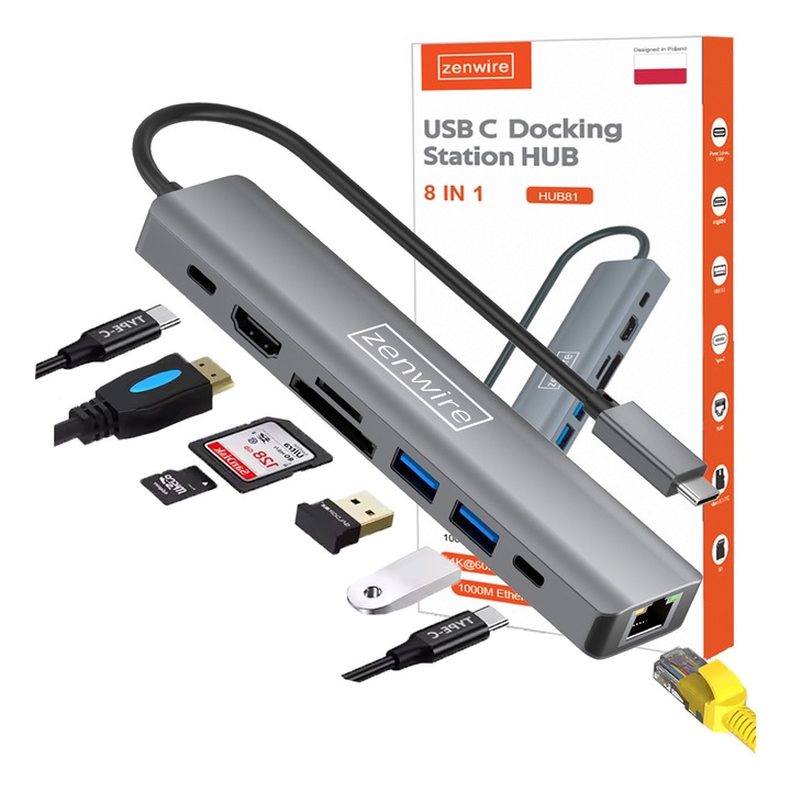 Hub USB-C 7 in 1, Zenwire, TipC, Multiport HDMI 2.0 4K@60Hz, Gigabit Ethernet RJ45, USB-C Power Delivery 100W, 2x USB 3.0 cu transfer de pana la 5 GB/s, Cititor de carduri SD si micro SD/TF de pana la 2 TB, USB-C 3.2 gen1 data transfer 5 GB/s, Adaptor Gri