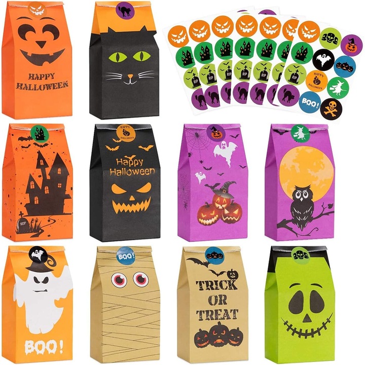 Set 80 pungi Halloween cu 84 autocolante, design colorat si prietenos pentru copii