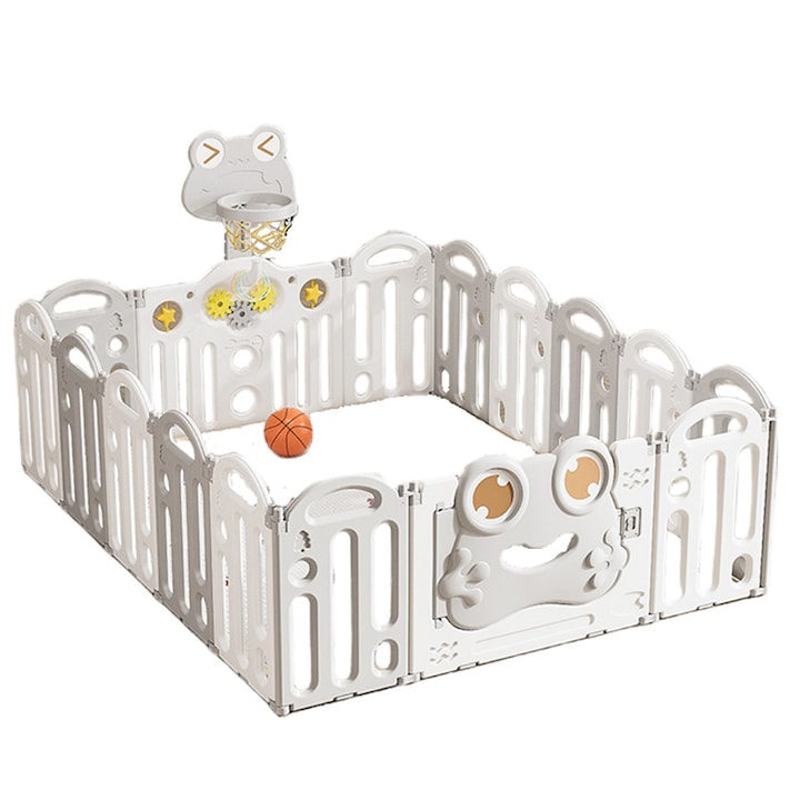 Gardulet loc de joaca pentru copii Nichiduta Garden Grey Frog, pliabil si portabil, de interior/exterior, compus din 14 panouri de gard + 2 panouri laterale cu Cos de baschet si angrenaje rotative, dimensiune 150 x 187.5cm