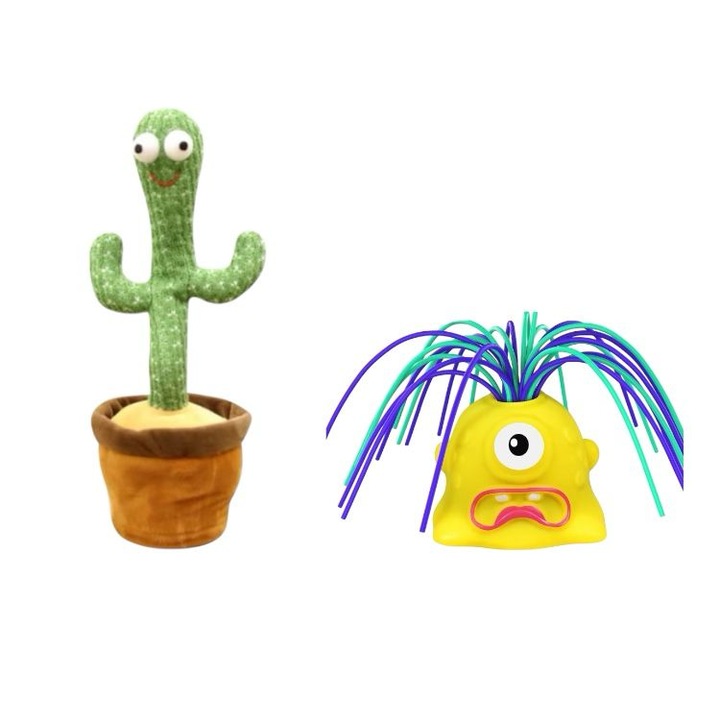 Пакет: 1x Детска играчка кактус, имитира, пее, танцува и 1x Интерактивна играчка Чудовище, което крещи с различни звуци, крясъците се различават в зависимост от дърпането на косата, жълто, K KATHODE