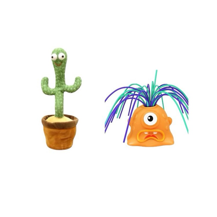 Пакет: 1x Детска играчка кактус, имитира, пее, танцува и 1x Интерактивна играчка Чудовище, което крещи с различни звуци, крясъците варират в зависимост от дърпането на косата, Оранжево, K KATHODE