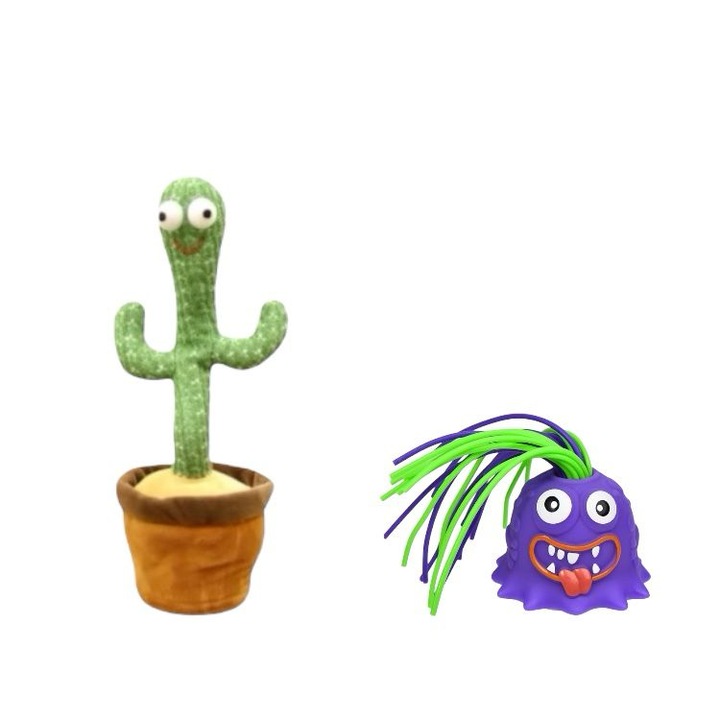 Пакет: 1x Детска играчка кактус, имитира, пее, танцува и 1x Интерактивна играчка крещящо чудовище с различни звуци, крясъците се различават в зависимост от дърпането на косата, лилаво, K KATHODE