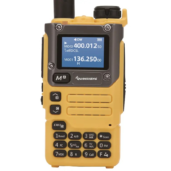 Радиостанция Quansheng K6/UV-K5(8), жълта, Hands Free THK® модел, устойчива на вода и прах, двулентова, UHF/VHF/морска/аеронавтика, еърсофт, туризъм, аварийно предупреждение