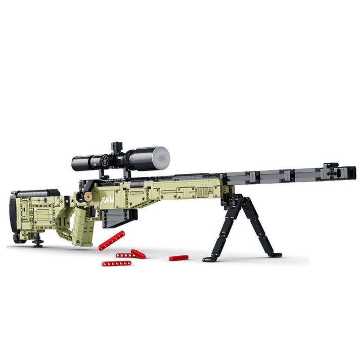 Пистолет играчка Пушка AWM Super Magnum 1:1 с оригинала, 1336 части, конструктор, функционална система за стрелба, ABS патрони, LEGO тип AWP Sniper, военен зелено-черен, 100,5 х 8 х 22,5 см, първокласни материали, за деца и възрастни, STEM, Монтесори