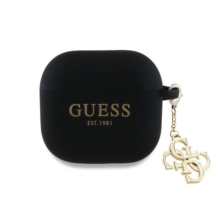 Husă pentru căști AirPods 4, Guess, model Silicone W/4G Charm, silicon, negru