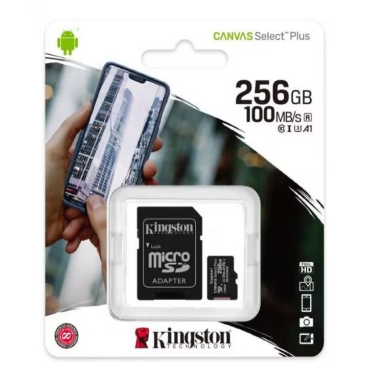 Card de memorie MicroSD Kingston Canvas Select Plus, 256GB, 100/85MB/s, cu adaptor SD, Class 10, UHS-I U3, V30, A1
