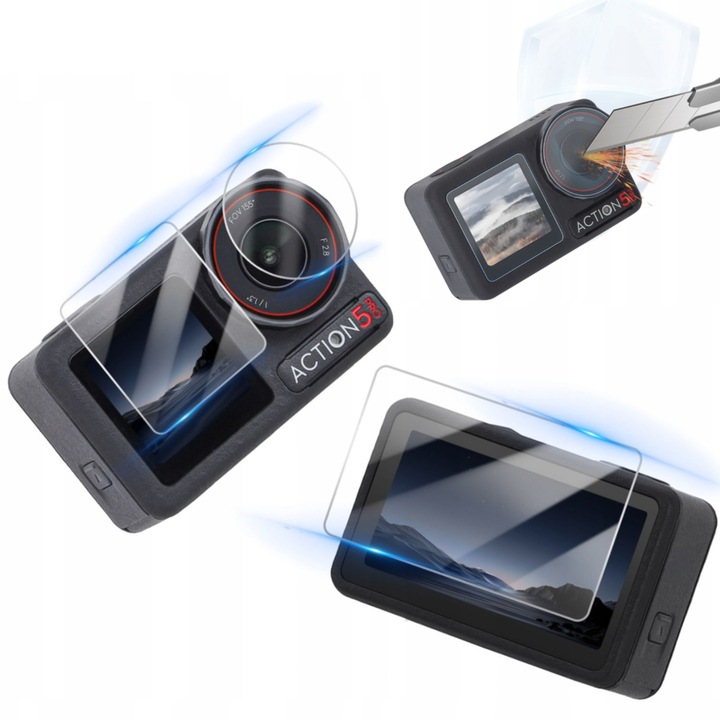 Film de protectie 3in1 din sticla temperata 9H pentru obiectiv si ecran pentru DJI OSMO Action 5 Pro - 3 buc. SunnyLife