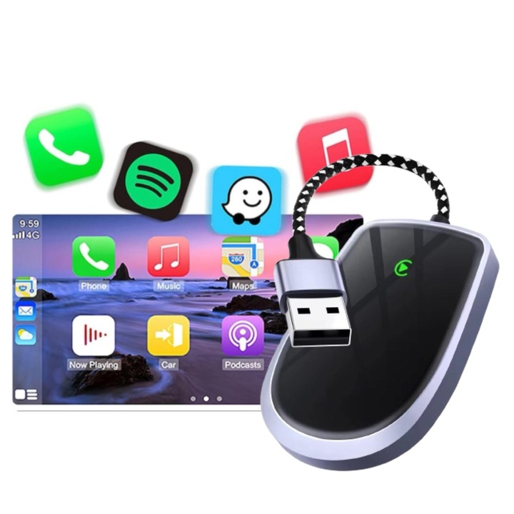 Adaptor/Modulator Wireless AMYMAT CarPlay Inteligent – Compatibil Apple iPhone, Transforma CarPlay cu Fir in Sistem Complet Wireless, Plug & Play, Bluetooth + WiFi, Conectare Automata, Compact si Rapid