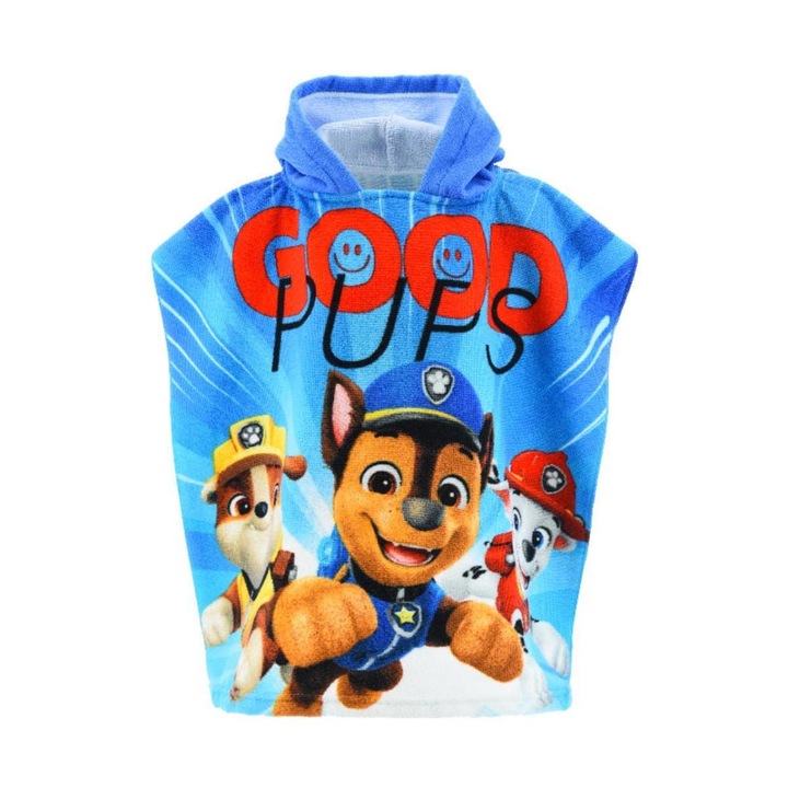Prosop poncho poliester uscare rapida, Paw Patrol Good Pups 55x110 cm 110 x 55 cm Albastru