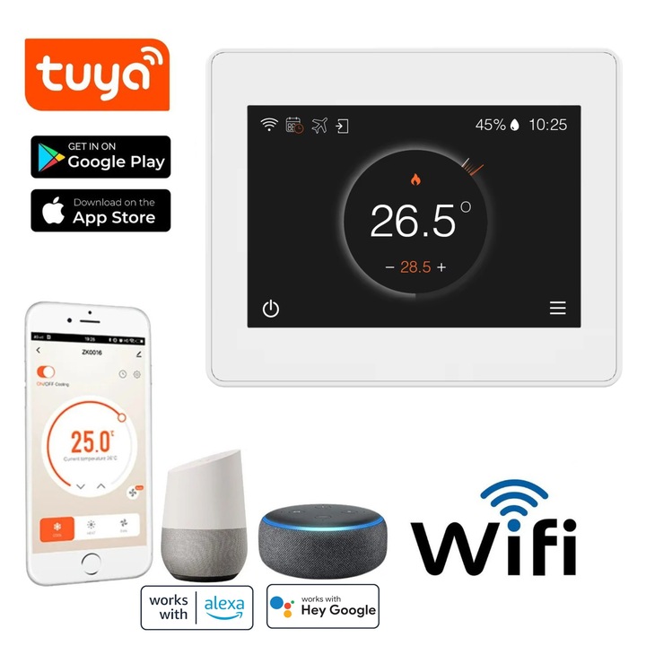 BIRAI® FLC intelligens szobatermosztát, interneten/okostelefonon keresztül vezérelhető, programozható WiFi-vel a Tuya alkalmazásból, Alexából és Google Home-ból, kompatibilis bármilyen gázfűtési rendszerrel, intelligens hangvezérlési funkciók, fehér