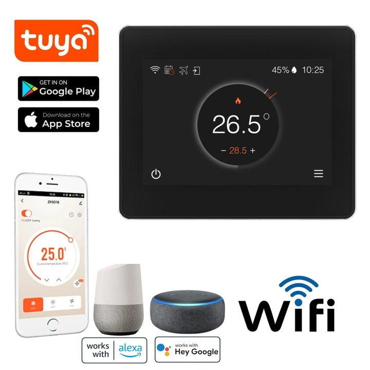 BIRAI® FLC intelligens szobatermosztát, interneten/okostelefonon keresztül vezérelhető, programozható WiFi-vel a Tuya alkalmazásból, Alexából és Google Home-ból, kompatibilis bármilyen gázfűtési rendszerrel, intelligens hangvezérlési funkciók, fekete