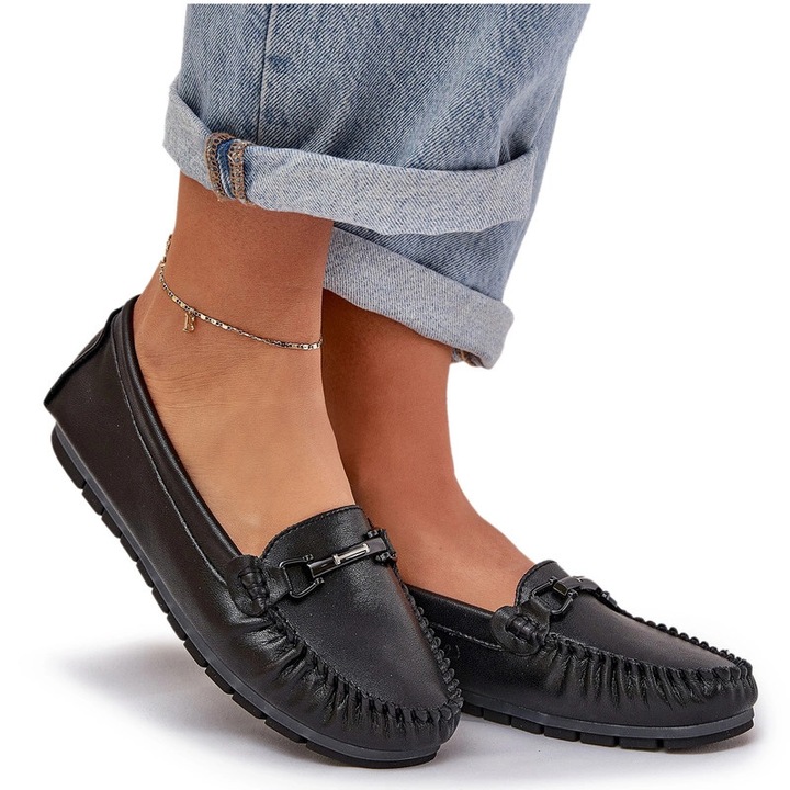 Дамски мокасини S.Barski, естествена кожа, черни, гумена подметка, декорация отпред