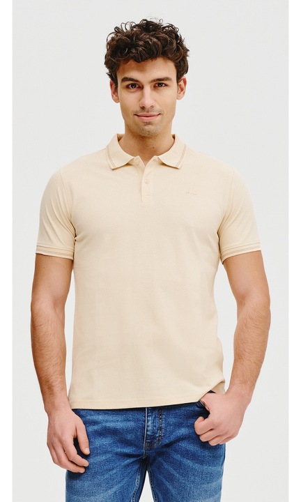 Pako Lorente férfi pólóing, ekrü színű, 100% pamut, gombos gallérral, barna részletekkel, 3XL INTL