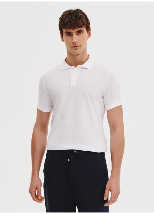 Tricou polo Pako Lorente, bumbac, alb, inchidere cu doi nasturi, Alb