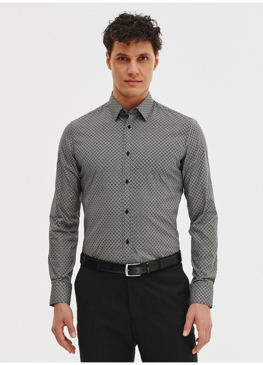 Camasa barbateasca Pako Lorente, slim fit, neagra cu micro model alb, din bumbac