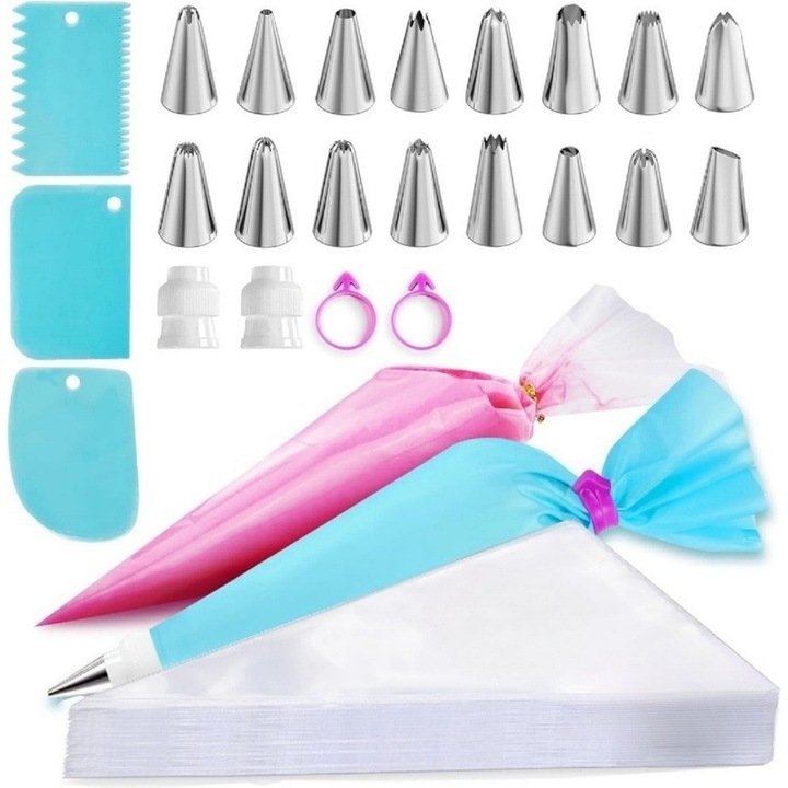 Set 124 accesorii ornat, Duiuri Rusesti pentru ornat prajituri, Set Accesorii Ornare Prajituri, YSBER, Varietate de forme, Poche reutilizabil silicon, razuitoare de tort, Pentru gatit DIY, prajituri, placinte, Otel inoxidabil, Albastru