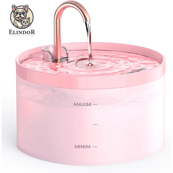 Fantana Apa Pisici si Caini Elindor®, Dispenser Automat cu Capac pentru Animale, Adapator cu Dubla Circulatie, Silentios 30dB, Sistem de Purificare si Filtrare Carbune Activ, Adaptor Priza, Filtru si Pompa Incluse, ABS, Capacitate 2L, Roz