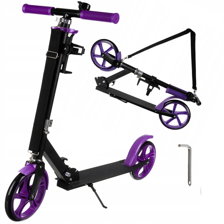Trotineta pliabila copii, Zola, cadru aluminiu, ghidon reglabil 87/92/98 cm, roti diamtru 20 cm, frana spate, suprafata anti-alunecare, suport de sticla, clopotel, curea ajustabila pentru transport 42 - 72 cm, 97 x 37 x 105 cm, negru/mov