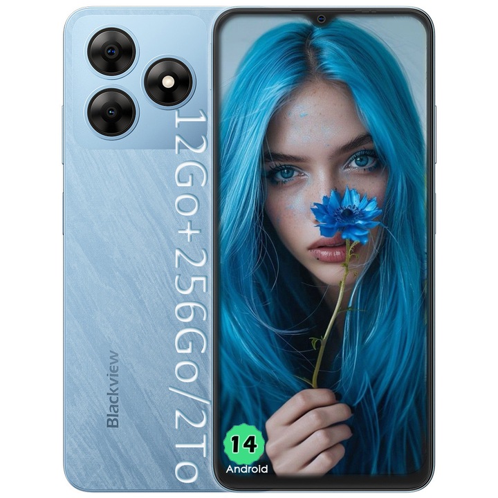 Смартфон Blackview WAVE 8, 4G, 6.56" HD+, 12GB RAM 4GB + 8GB разширяема, 256GB ROM, 13MP+8MP, Android 14, 5000mAh, 90hz, Отключване с пръстов отпечатък, Син