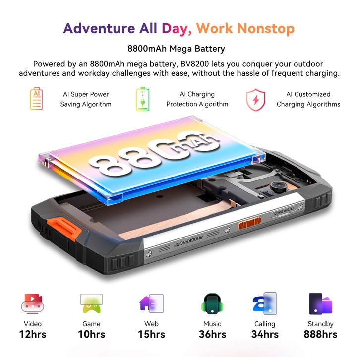 Blackview BV8200 okostelefon, 6,497" FHD+, 120Hz, 36GB RAM (12GB + 24GB bővíthető 2TB-ig), 256GB ROM, Android 14, 8800mAh, 8 mag, Dual SIM, NFC/Ujjlenyomat/Arcfelismerés, Fekete