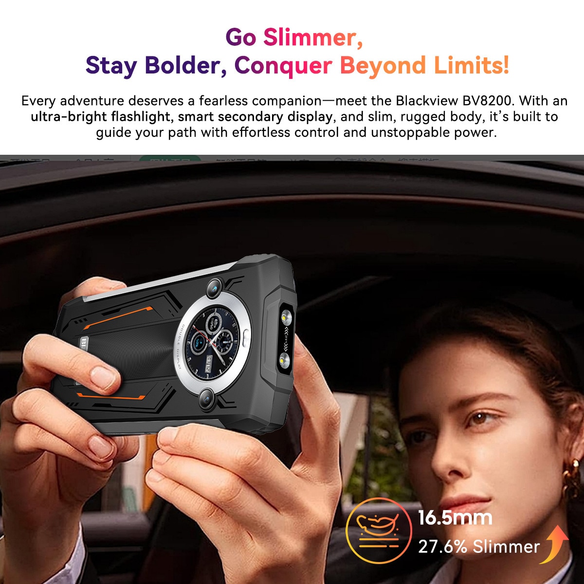 Telefon mobil Blackview BV8200, 6.497" FHD+, 120Hz, 36GB RAM(12GB + 24GB extensibili 2To), 256GB ROM, Android 14, 8800mAh, 8 cores, Dual SIM, NFC/Amprenta/caracteristici faciale, Portocaliu