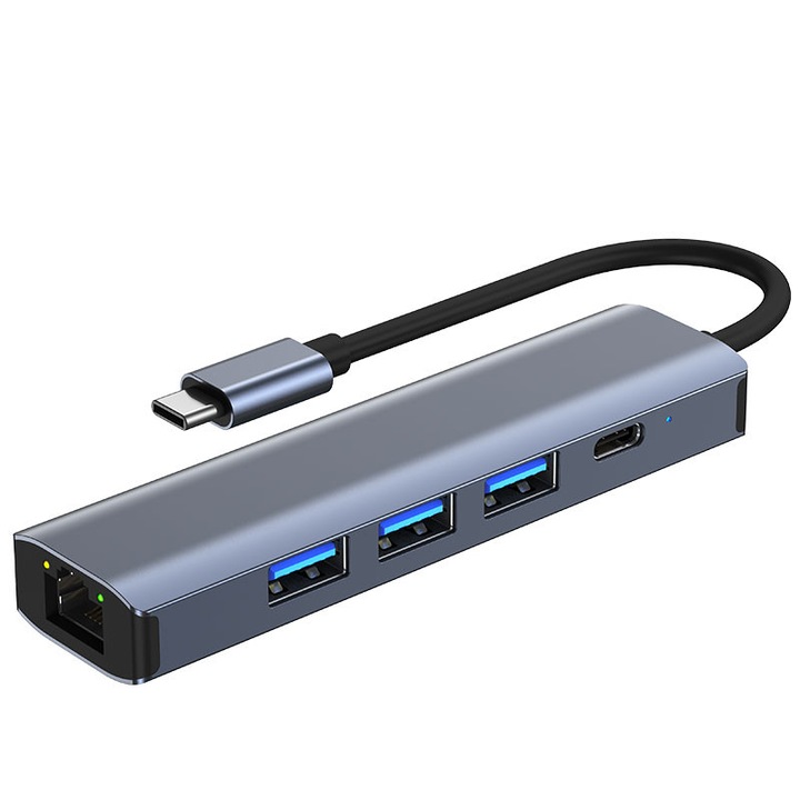 HubPro - HUB USB 5 in 1, USB 3.0, Type-C, port Gigabit, transfer de date 5Gbps, Gri