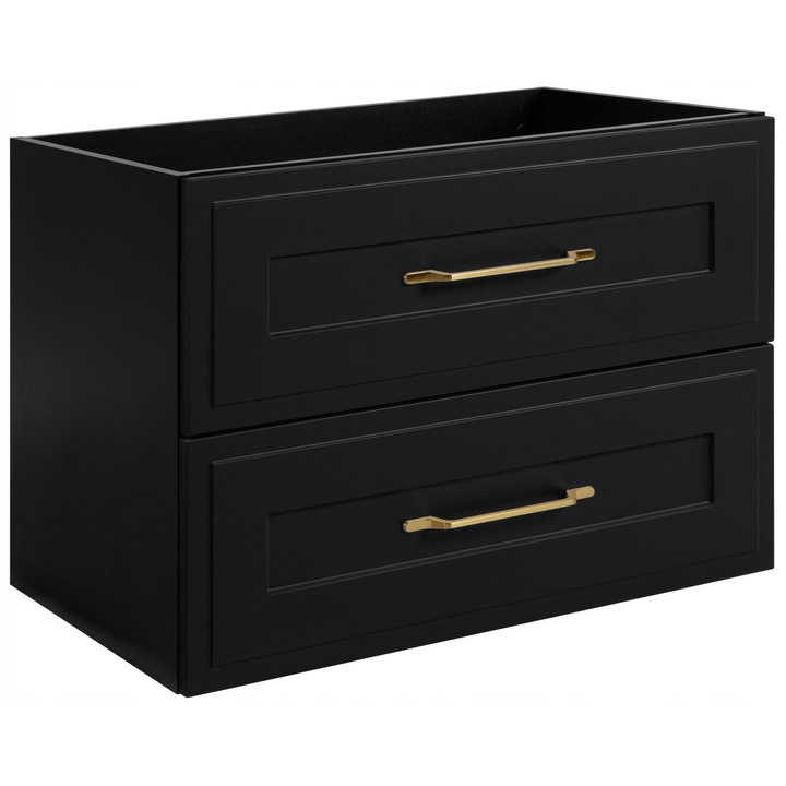 Шкаф за баня, Rodan, Classic 80 2S, 80 см x 57 см x 46 см, Корпус от ламиниран плот 16 мм, Фасада от MDF плот 19 мм, Широка рамка, Чекмеджета с опция за безшумно затваряне, Метални дръжки в златист цвят, Черни