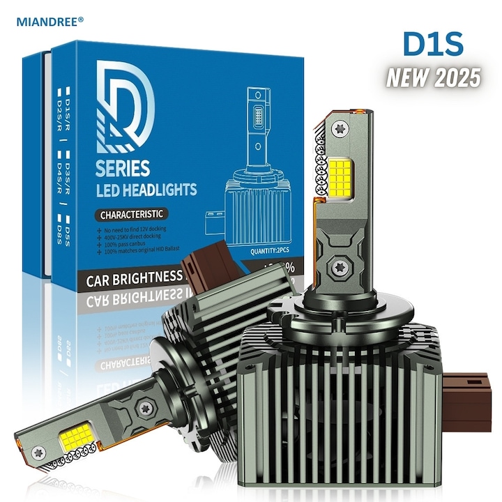 2 db rejtett LED-es átalakító fényszóró izzó készlet, MIANDREE®, D1S Led, Plug & Play, 12 000 lm, 110 W, 6000 k, 10-32 V, Canbus, rézmag, csendes alumínium radiátor, prémium minőségű